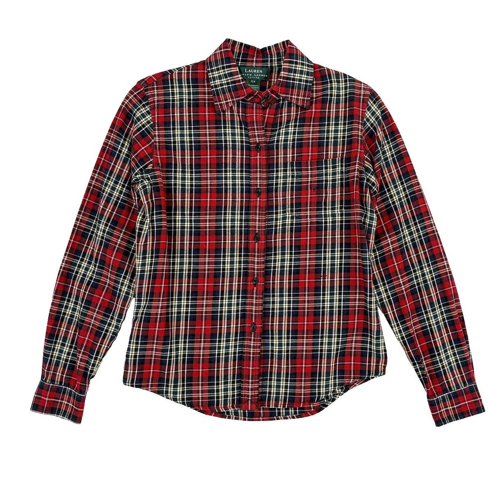 Lauren Ralph Lauren Plaid Flannel Shirt Womens XS Petite PP Red Tartan Cotton